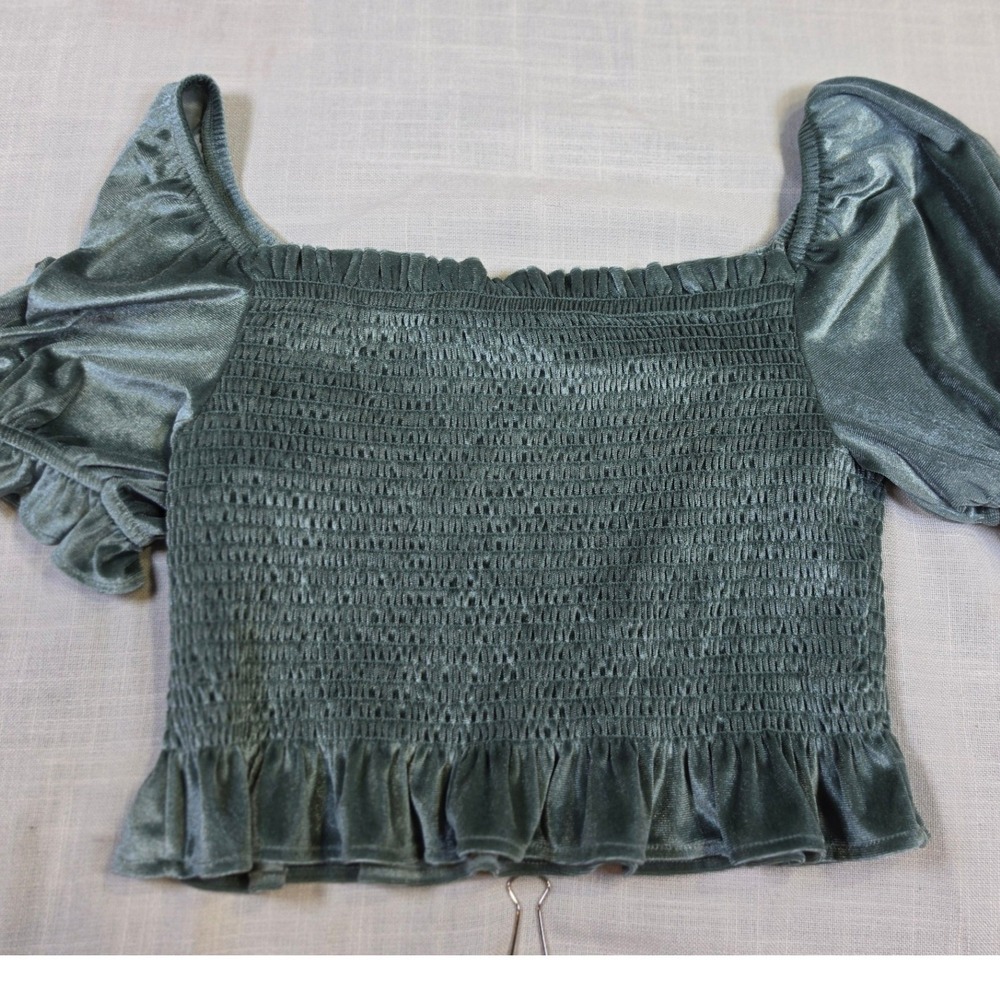 Rewind Sage Green Smocked Velvet Crop Top Short Puff Sleeve XL NK9845NJE1